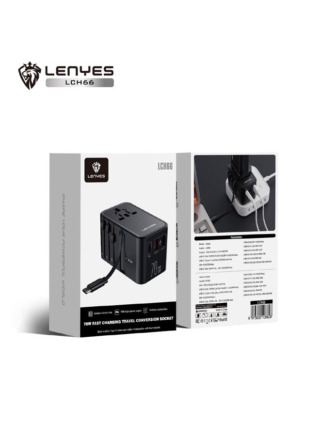 Lenyes - LENYES LCH66 70W GaN Universal Travel Adapter with Dual USB & Type-C Fast Charging Ports, Built-in Type-C Cable - Image 1
