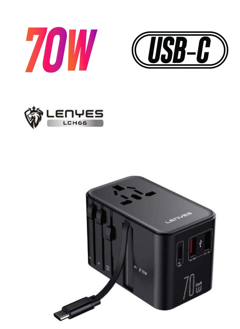 Lenyes - LENYES LCH66 70W GaN Universal Travel Adapter with Dual USB & Type-C Fast Charging Ports, Built-in Type-C Cable - Image 1