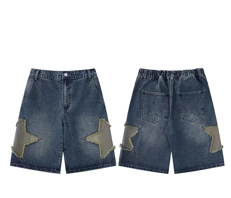 POHADON Y2K Blue Denim Shorts Summer Casual Loose Straight Leg Unisex Baggy Jeans Shorts Jorts Grunge Harajuku Streetwear (Star Patch,S) - Image 5