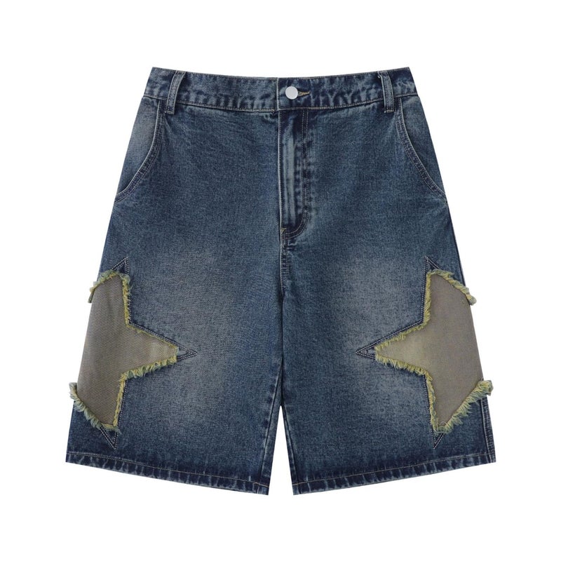 POHADON Y2K Blue Denim Shorts Summer Casual Loose Straight Leg Unisex Baggy Jeans Shorts Jorts Grunge Harajuku Streetwear (Star Patch,S) - Image 1