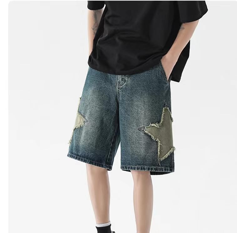 POHADON Y2K Blue Denim Shorts Summer Casual Loose Straight Leg Unisex Baggy Jeans Shorts Jorts Grunge Harajuku Streetwear (Star Patch,S) - Image 3