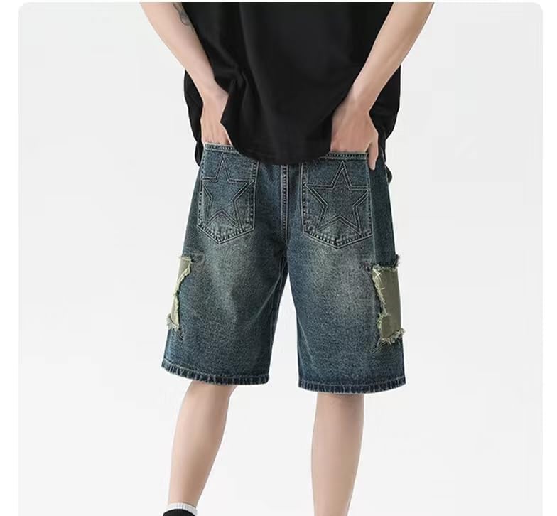 POHADON Y2K Blue Denim Shorts Summer Casual Loose Straight Leg Unisex Baggy Jeans Shorts Jorts Grunge Harajuku Streetwear (Star Patch,S) - Image 4
