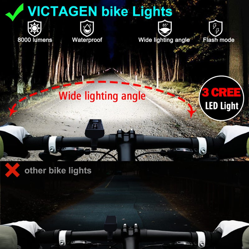 Victagen Super Bright Bike Lights 8000Lm for Night Riding, Super Bright 3 LED Lights for Bike/Bicycle Headlight with High Beam & Low Beam TypeC Rechargeable, Free Taillights - Image 4