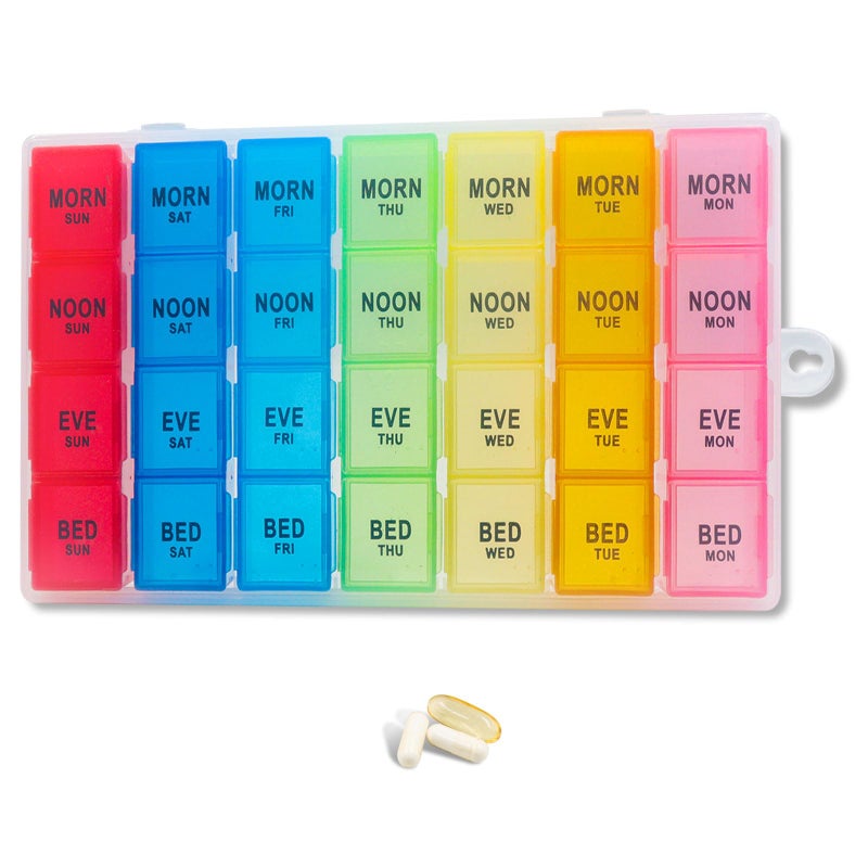 Acquwistach Weekly Pill Organizer 4 Times a Day, 7-Day Pill Boxes, Monthly Medication Organizer 28 Days Portable Compartments & Moisture-Proof Outer Case for Vitamins, Fish Oils, Supplements(Color) - Image 1