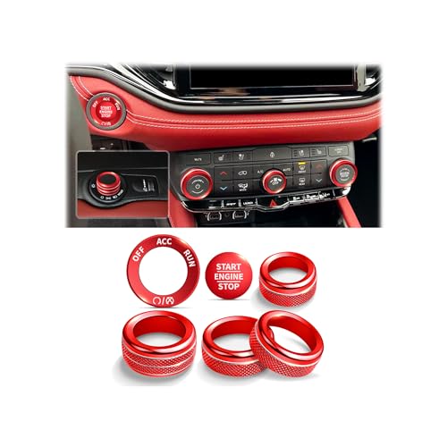 Polodunn for 2021-2026 Dodge Durango Accessories, 6PCS Premium Aluminum Alloy Knob Cover Trim Set (Red) – Push Start, A/C Climate, Volume & Headlight Switch Covers – Enhanced Grip • Non-Slip - Image 1