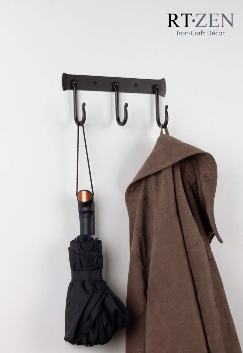 RTZEN Wall Mount Hook Set - Wrought Iron Decorative Rustic Metal Coat Hooks for Hanging - Handcrafted Classic Farmhouse Wall Mounted Black Hooks for Towel Robe or Hat Hanging - 3 Hook Rack - Image 2