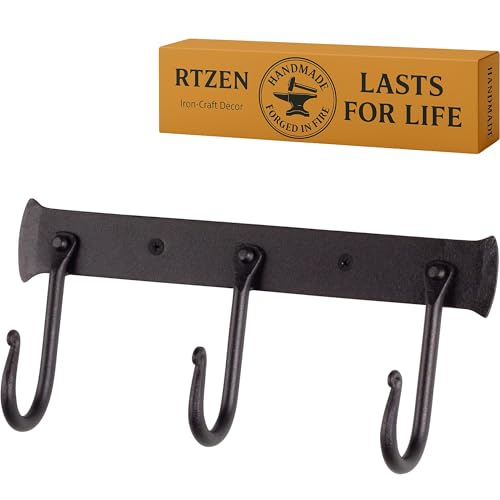 RTZEN Wall Mount Hook Set - Wrought Iron Decorative Rustic Metal Coat Hooks for Hanging - Handcrafted Classic Farmhouse Wall Mounted Black Hooks for Towel Robe or Hat Hanging - 3 Hook Rack - Image 1