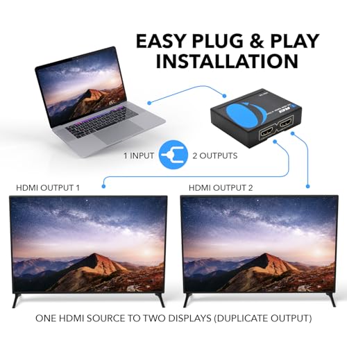 OREI 4K 1 in 2 Out HDMI Splitter Duplicate/Mirror Only UltraHD 4K @ 30 Hz 1x2 Will NOT Bypass HDCP HDMI Supports 3D Full HD 1080P for Xbox, PS4 PS3 Fire Stick Blu Ray Apple TV HDTV - Adapter Included - Image 3
