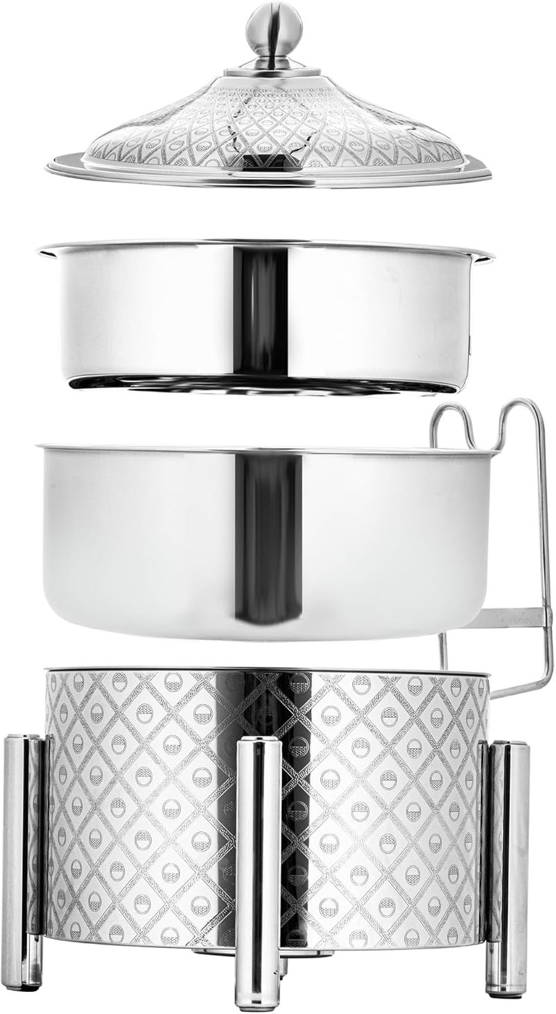 buffet heater and round serving bowl with a stainless steel cover and fuel holder. Ideal for dinner parties or family gatherings, 6000 ML, silver. - Image 2