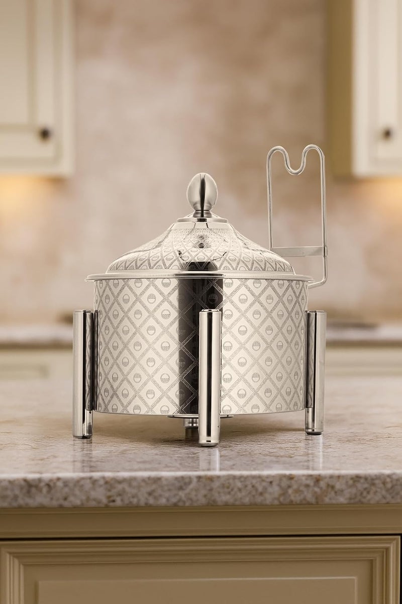 buffet heater and round serving bowl with a stainless steel cover and fuel holder. Ideal for dinner parties or family gatherings, 6000 ML, silver. - Image 5