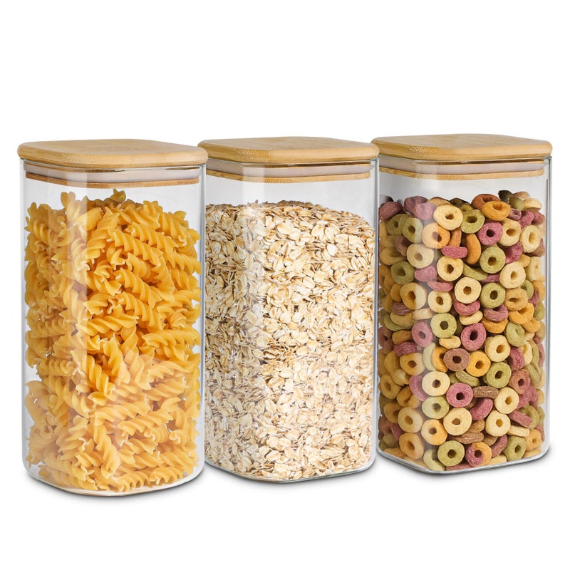 ComSaf Airtight Glass Storage Canister with Wood Lid (1.6 Qt), Clear Food Storage Container Jar with Sealing Lids for Oat Pasta Flour Cereal Rice Sugar Tea Coffee Beans, Set of 3 Square Cookie Jar - Image 1