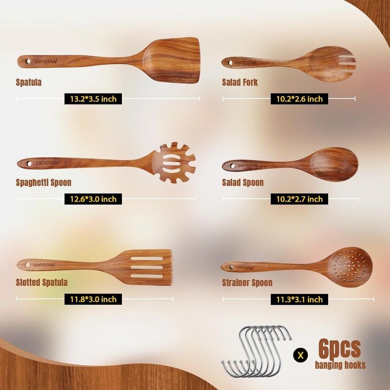 Mooues Wooden Spoons for Cooking, 6PCS Teak Wood Cookware Utensil Set with Hooks - Smooth Finish, Non-Stick, Comfortable Grip, Heat Resistant Kitchen Utensils - Image 2