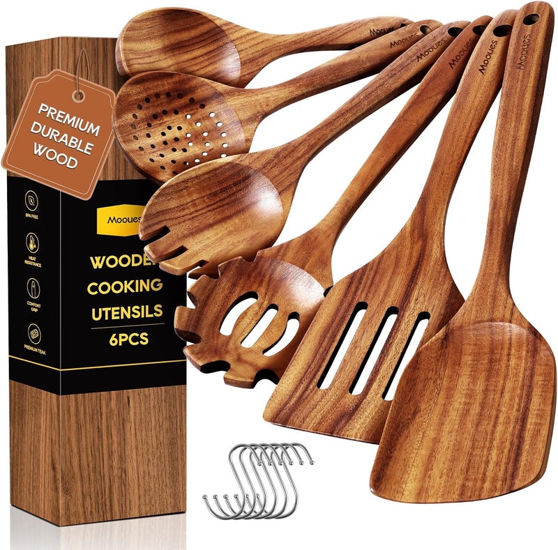 Mooues Wooden Spoons for Cooking, 6PCS Teak Wood Cookware Utensil Set with Hooks - Smooth Finish, Non-Stick, Comfortable Grip, Heat Resistant Kitchen Utensils - Image 1