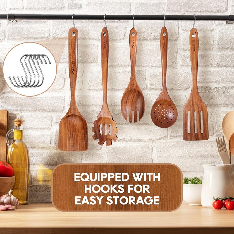 Mooues Wooden Spoons for Cooking, 6PCS Teak Wood Cookware Utensil Set with Hooks - Smooth Finish, Non-Stick, Comfortable Grip, Heat Resistant Kitchen Utensils - Image 5