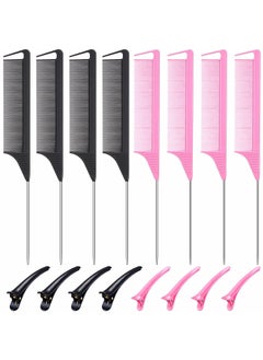 Patelai Patelai 16 Pieces Hair Comb Set Includes Parting Combs Sectioning Clips Carbon Stainless Steel Combs Black and Pink 