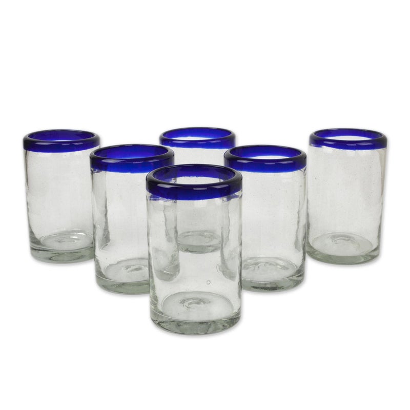 NOVICA Artisan Crafted Hand Blown Clear Cobalt Blue Rim Recycled Glass Tumblers,14 Oz. 'Classic' (Set Of 6) - Image 1