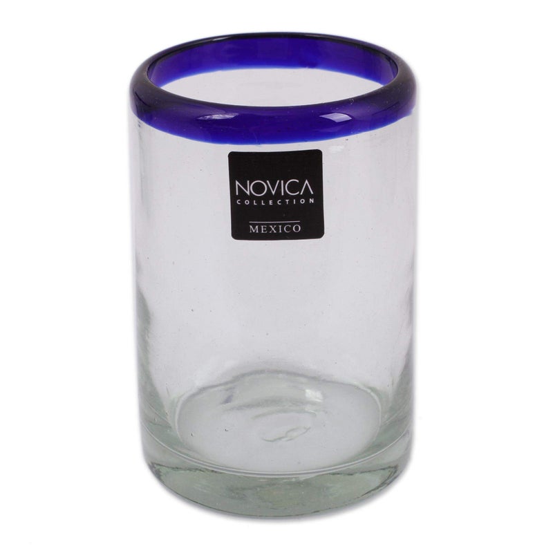 NOVICA Artisan Crafted Hand Blown Clear Cobalt Blue Rim Recycled Glass Tumblers,14 Oz. 'Classic' (Set Of 6) - Image 3