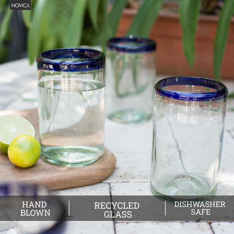 NOVICA Artisan Crafted Hand Blown Clear Cobalt Blue Rim Recycled Glass Tumblers,14 Oz. 'Classic' (Set Of 6) - Image 5