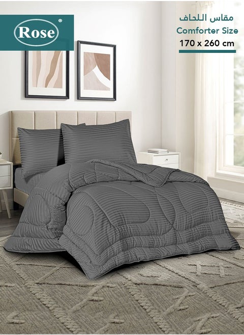 ROSE Striped Luxury Hotel Comforter, Premium Microfiber, Set of 4 pieces, Soft Lightweight, Extra Twin size 260x170 cm, Grey