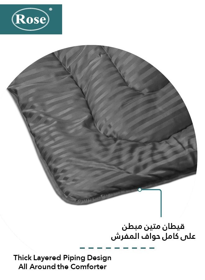 روز طقم لحاف فندقي بحشوة ثابتة, تصميم مقلم بخامة المايكروفايبر, مكون من 4 قطع, مقاس مفرد عريض 260x170 سم, رمادي  - Image 3