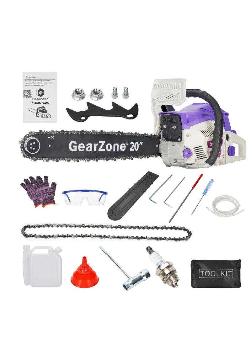 جيرزون منشار كهربائي يعمل بالغاز، ٢٠ بوصة، ٥٨ سم مكعب، ٢.٦٨ كيلو واط، منشار كهربائي لاسلكي محمول باليد، يعمل بالبنزين، مناسب لقطع الخشب في الحدائق المنزلية والمزارع الخارجية (أرجواني) - Image 1