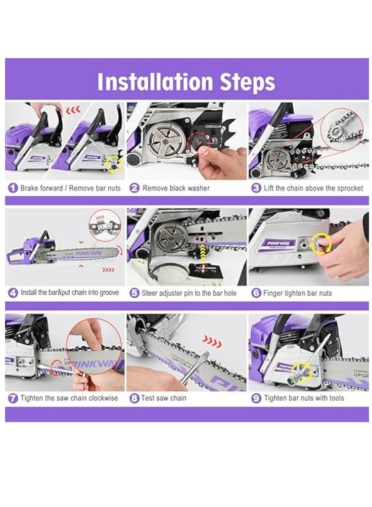 جيرزون منشار كهربائي يعمل بالغاز، ٢٠ بوصة، ٥٨ سم مكعب، ٢.٦٨ كيلو واط، منشار كهربائي لاسلكي محمول باليد، يعمل بالبنزين، مناسب لقطع الخشب في الحدائق المنزلية والمزارع الخارجية (أرجواني) - Image 3