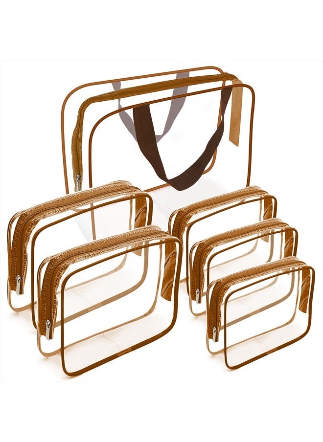 APREUTY - Clear Makeup Bags, TSA Approved 6Pcs Cosmetic Makeup Bags Set Clear PVC w/Zipper Handle Portable Travel Luggage Pouch Airport Airline Bags Bathroom (Coffee) - Image 1