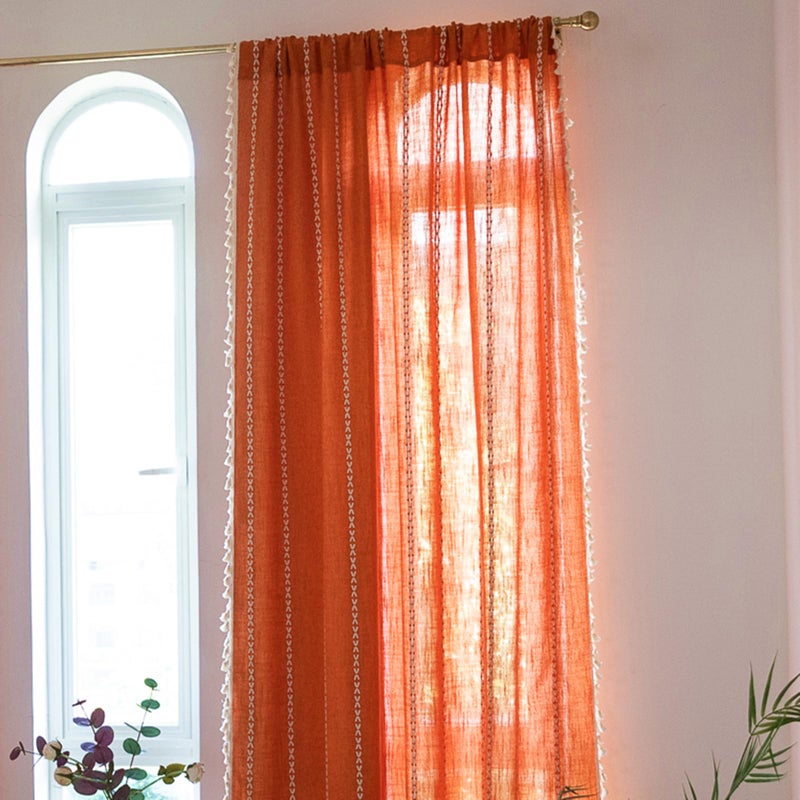 Deeprove Orange Boho Curtains 84 inches Long with Tassel for Bedroom Living Room, Bohemian Farmhouse Terracotta Cotton Linen Burnt Country Window Treatments Fall Halloween Decor, W52 x L84, 1 Panel - Image 4