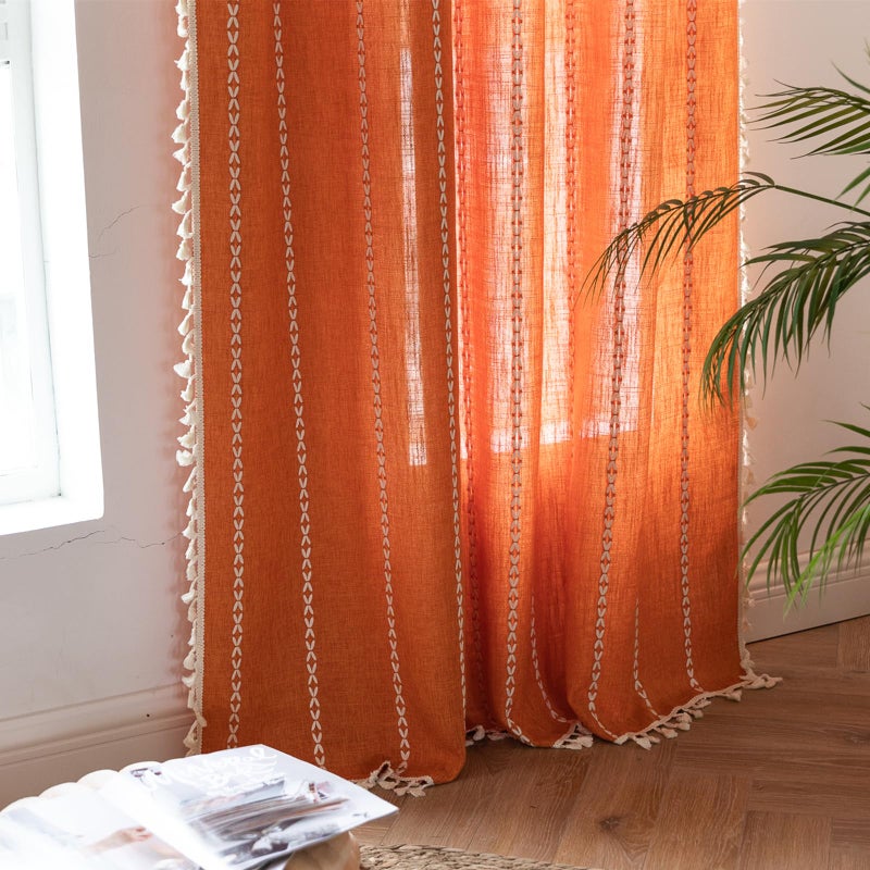 Deeprove Orange Boho Curtains 84 inches Long with Tassel for Bedroom Living Room, Bohemian Farmhouse Terracotta Cotton Linen Burnt Country Window Treatments Fall Halloween Decor, W52 x L84, 1 Panel - Image 1