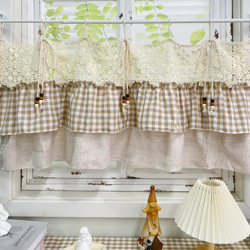 Gxi Tie Top Gingham Kitchen Curtain Check Ruffle Valance Rod Pocket Classic Vintage Beige Farmhouse Short Curtain Linen Valances for Small Windows, 1 Panel W39 x L20 inch - Image 2