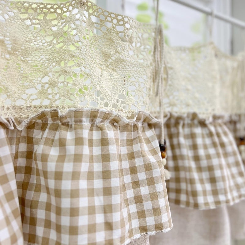 Gxi Tie Top Gingham Kitchen Curtain Check Ruffle Valance Rod Pocket Classic Vintage Beige Farmhouse Short Curtain Linen Valances for Small Windows, 1 Panel W39 x L20 inch - Image 5
