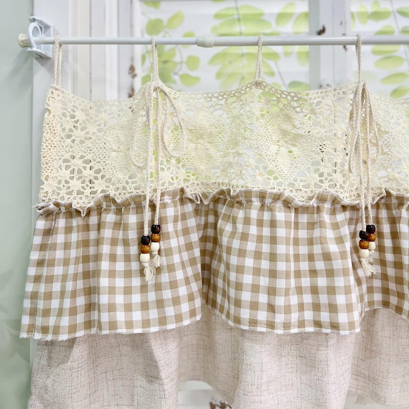 Gxi Tie Top Gingham Kitchen Curtain Check Ruffle Valance Rod Pocket Classic Vintage Beige Farmhouse Short Curtain Linen Valances for Small Windows, 1 Panel W39 x L20 inch - Image 4
