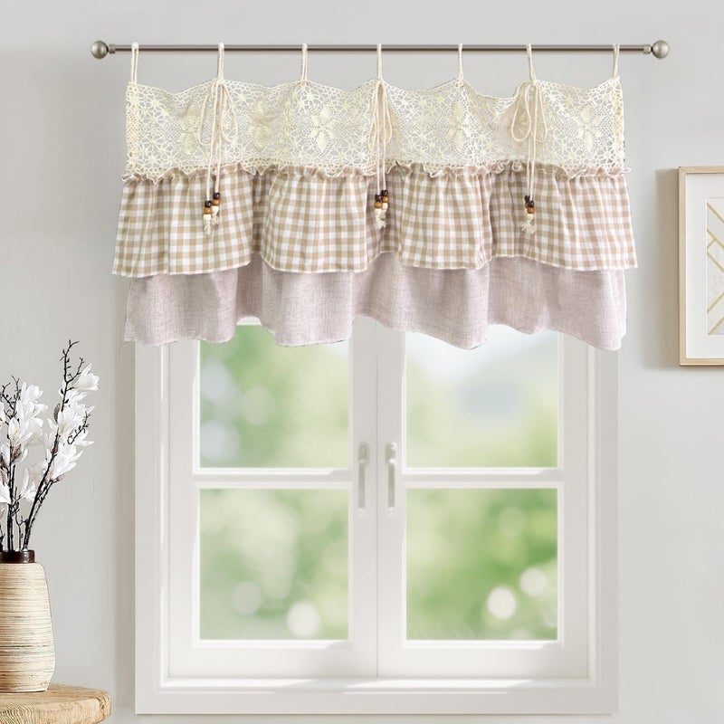 Gxi Tie Top Gingham Kitchen Curtain Check Ruffle Valance Rod Pocket Classic Vintage Beige Farmhouse Short Curtain Linen Valances for Small Windows, 1 Panel W39 x L20 inch - Image 1