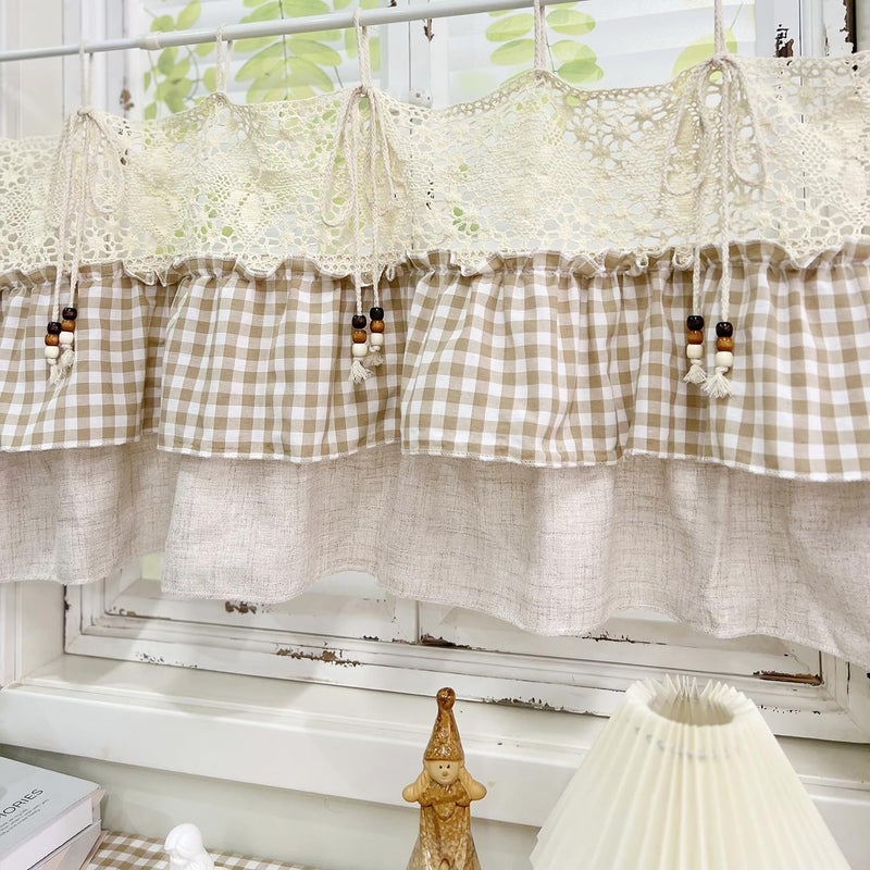 Gxi Tie Top Gingham Kitchen Curtain Check Ruffle Valance Rod Pocket Classic Vintage Beige Farmhouse Short Curtain Linen Valances for Small Windows, 1 Panel W39 x L20 inch - Image 3
