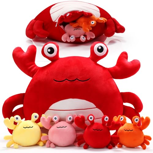 DoubleFill 5 Pcs Crab Stuffed Animal Plush Toys Crab Mom with 4 Baby Plushies Sea Ocean Stuffed Animal Pillows Gifts for Christmas Birthday Under The Sea Ocean Party Favors DecorationRed - Image 1