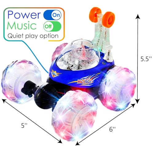 Haktoys Rechargeable RC Tornado Stunt Car – 360° Flip Remote Control Turbo Twister Vehicle with Lights & Music | Double-Sided Spinning Car Toy for Toddlers Kids Boys Girls (Blue) - Image 4