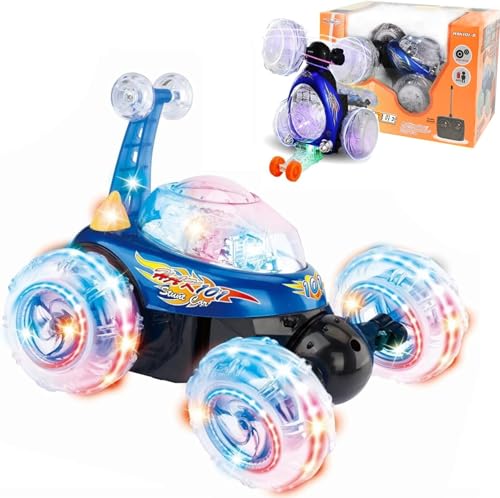 Haktoys Rechargeable RC Tornado Stunt Car – 360° Flip Remote Control Turbo Twister Vehicle with Lights & Music | Double-Sided Spinning Car Toy for Toddlers Kids Boys Girls (Blue) - Image 1