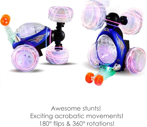 Haktoys Rechargeable RC Tornado Stunt Car – 360° Flip Remote Control Turbo Twister Vehicle with Lights & Music | Double-Sided Spinning Car Toy for Toddlers Kids Boys Girls (Blue) - Image 5