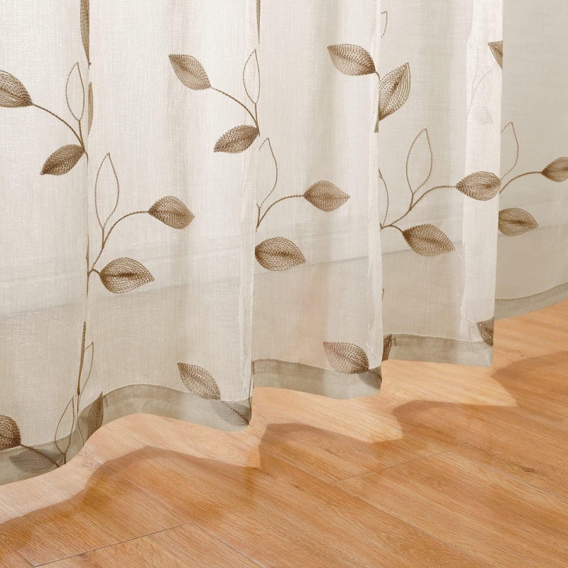 HOMEIDEAS Taupe Sheer Curtains 52 X 96 Inches Long 2 Panels Beige Embroidered Leaf Pattern Pocket Faux Linen Floral Semi Sheer Voile Window Curtains/Drapes for Bedroom Living Room - Image 3
