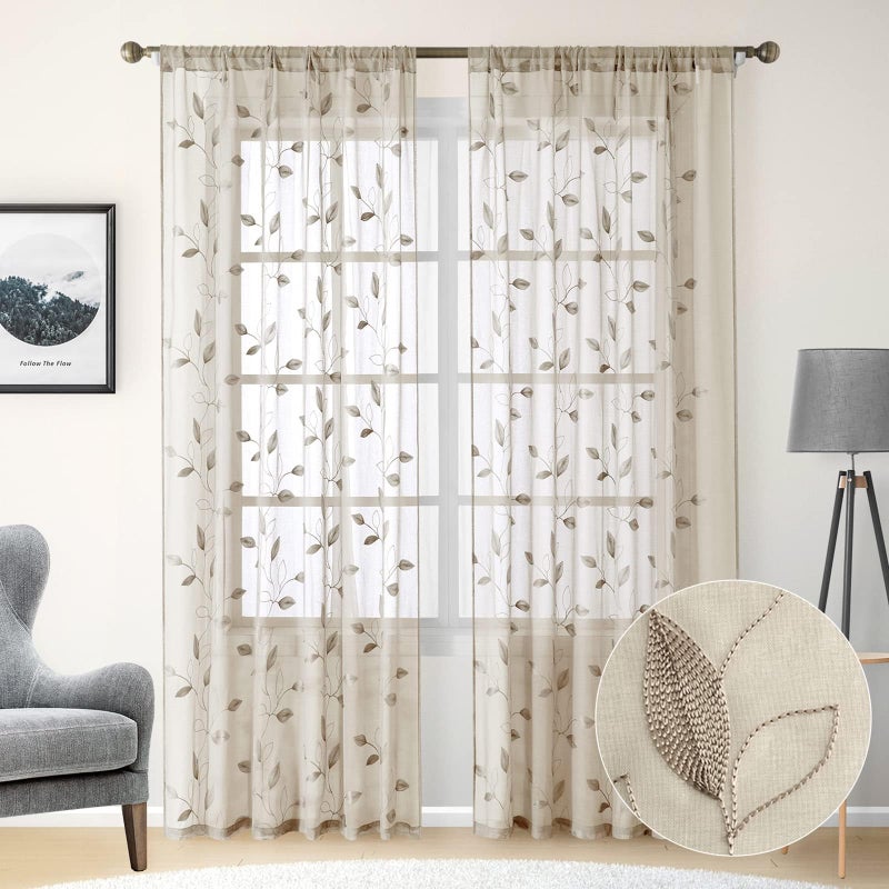 HOMEIDEAS Taupe Sheer Curtains 52 X 96 Inches Long 2 Panels Beige Embroidered Leaf Pattern Pocket Faux Linen Floral Semi Sheer Voile Window Curtains/Drapes for Bedroom Living Room - Image 1