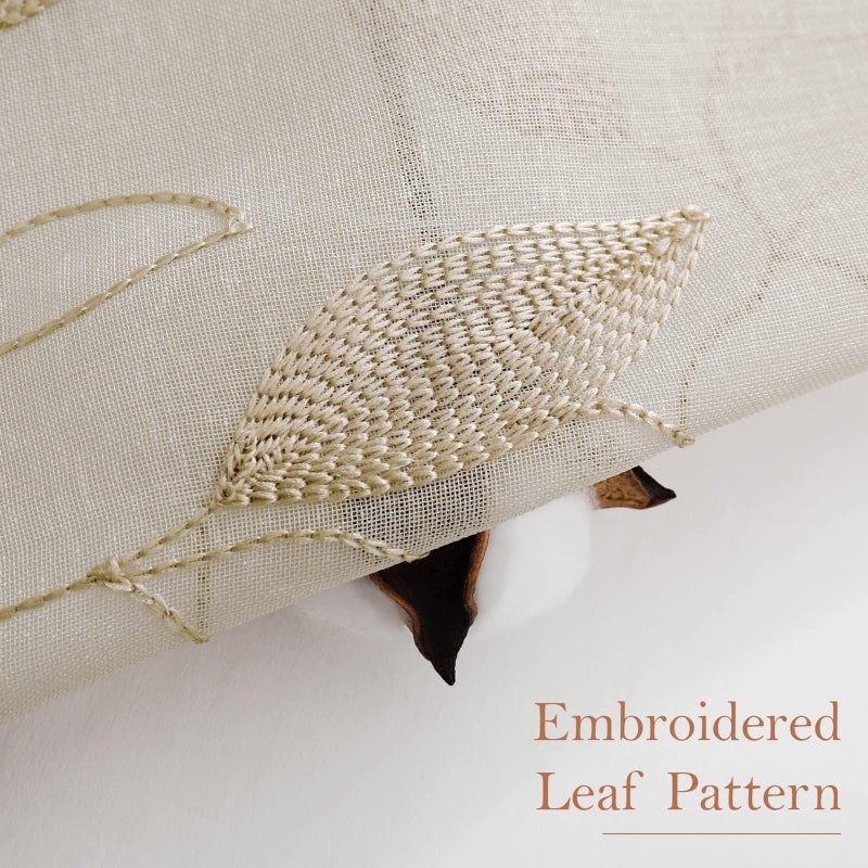 HOMEIDEAS Taupe Sheer Curtains 52 X 96 Inches Long 2 Panels Beige Embroidered Leaf Pattern Pocket Faux Linen Floral Semi Sheer Voile Window Curtains/Drapes for Bedroom Living Room - Image 2