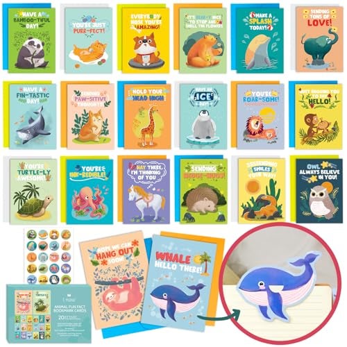 T MARIE Animal Fun Fact Cards with Bookmarks - 20 Greeting Cards with Pop-Out Bookmark Mini Gifts - Punny, Funny Bulk Thinking of You Notecards for Kids, Grandkids, Teachers, Students, Friends, Family & More - Image 1