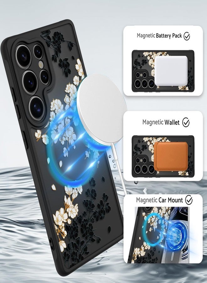 أو أو كيه جراب OOK مناسب لهاتف Samsung Galaxy S25 Ultra مقاس 6.9 بوصة (متوافق مع الشحن اللاسلكي) غطاء هاتف شفاف بتصميم زهور بيضاء ناعم من مادة TPU + جراب صلب من البولي كربونات مضاد للخدش والصدمات مغناطيسي للنساء - Image 2