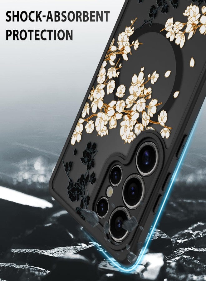 أو أو كيه جراب OOK مناسب لهاتف Samsung Galaxy S25 Ultra مقاس 6.9 بوصة (متوافق مع الشحن اللاسلكي) غطاء هاتف شفاف بتصميم زهور بيضاء ناعم من مادة TPU + جراب صلب من البولي كربونات مضاد للخدش والصدمات مغناطيسي للنساء - Image 4