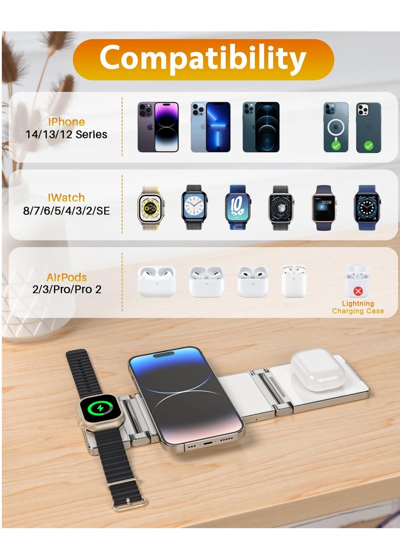 Generic - 3 in 1 Wireless Charger, Mag-Safe Wireless Charger, Portable Mag-Safe Charger Stand, Foldable 3 in 1 Wireless Charging Station for iPhone 14/13/12/11/8/Pro/Max and Samsung - Image 1