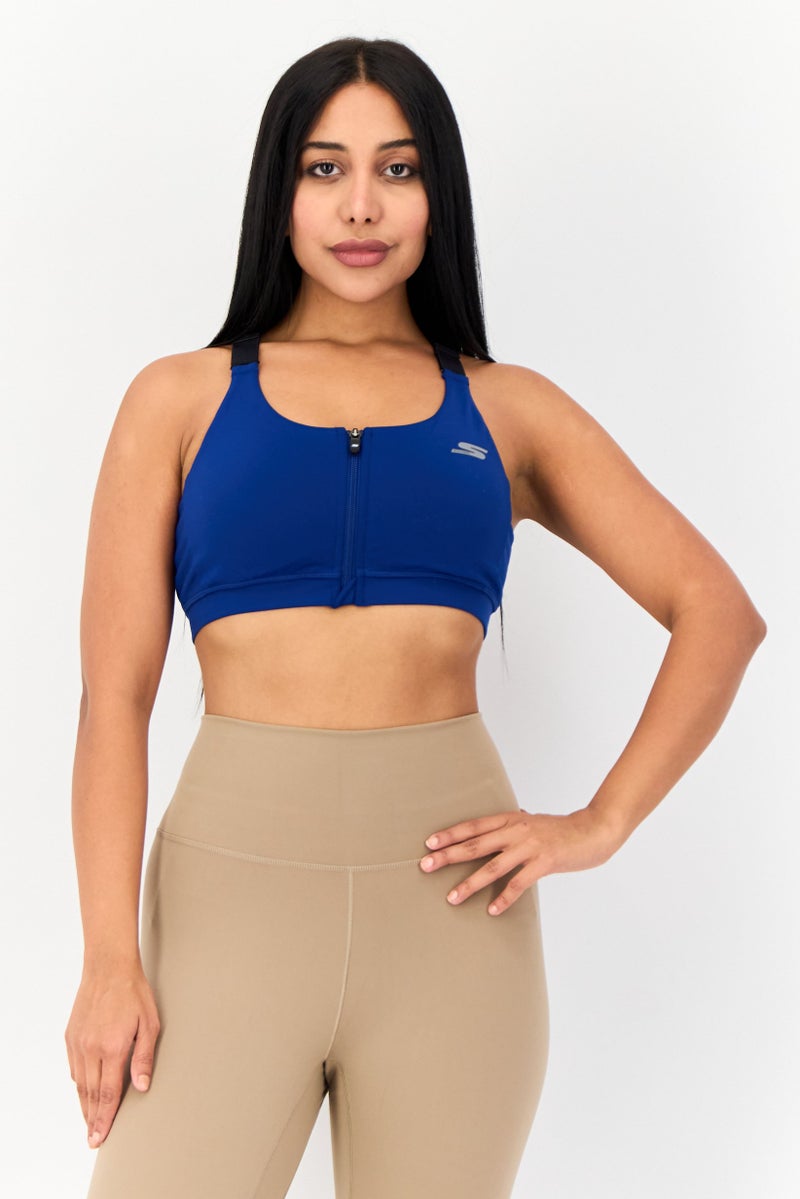 SKECHERS Women Padded Brand Logo Sports Bra, Blue - Image 1