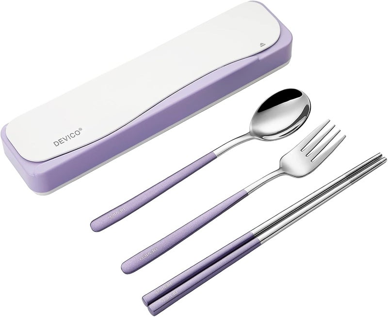 DEVICO Travel Utensils, Portable 18/8 Stainless Steel Silverware Flatware Set, Include Fork Spoon Chopsticks with Case (Purple) - Image 1