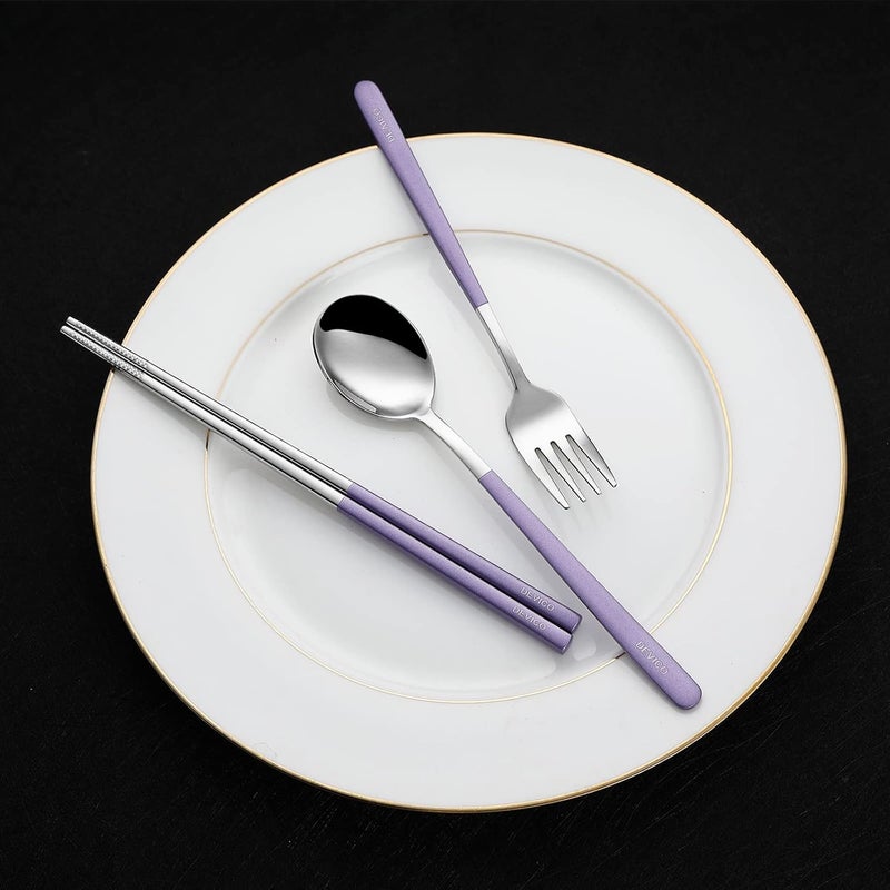 DEVICO Travel Utensils, Portable 18/8 Stainless Steel Silverware Flatware Set, Include Fork Spoon Chopsticks with Case (Purple) - Image 4