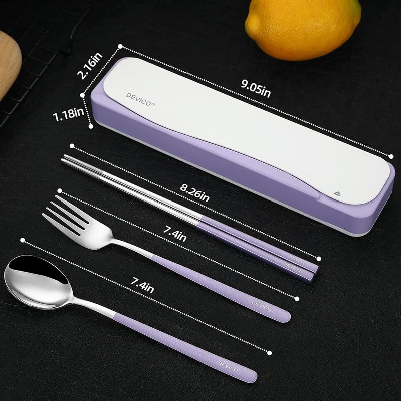 DEVICO Travel Utensils, Portable 18/8 Stainless Steel Silverware Flatware Set, Include Fork Spoon Chopsticks with Case (Purple) - Image 3