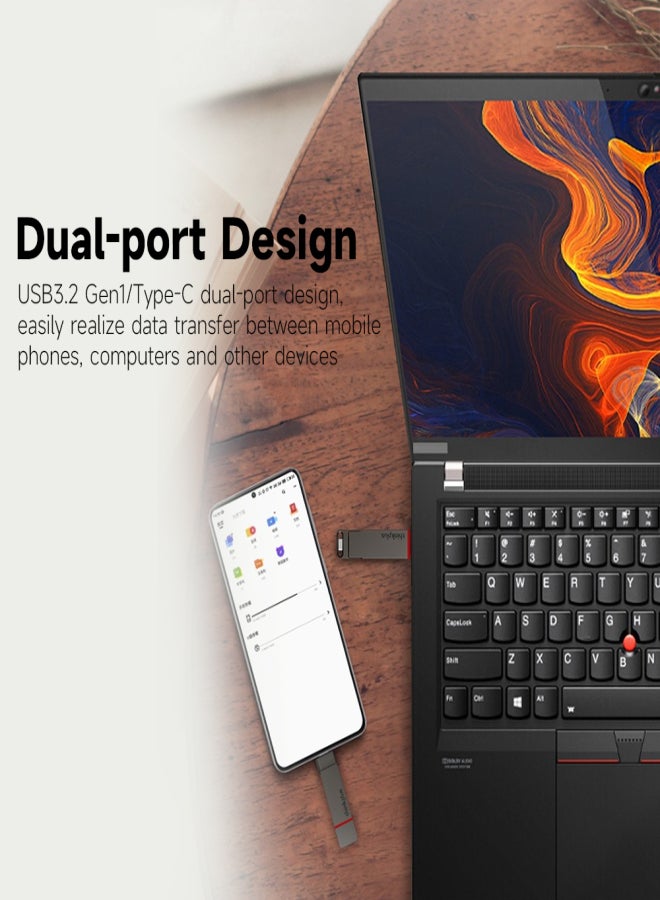 ثينك بلس محرك أقراص فلاش USB محمول من نوع Thinkplus TU200 Pro بسعة 128 جيجابايت، مزود بمنفذي USB 3.2 و Type-C، مصنوع من المعدن، يتميز بسرعة نقل بيانات عالية، لون رمادي. - Image 4